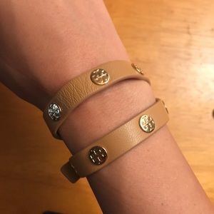 Taupe Tory Burch Leather Wrap Bracelet